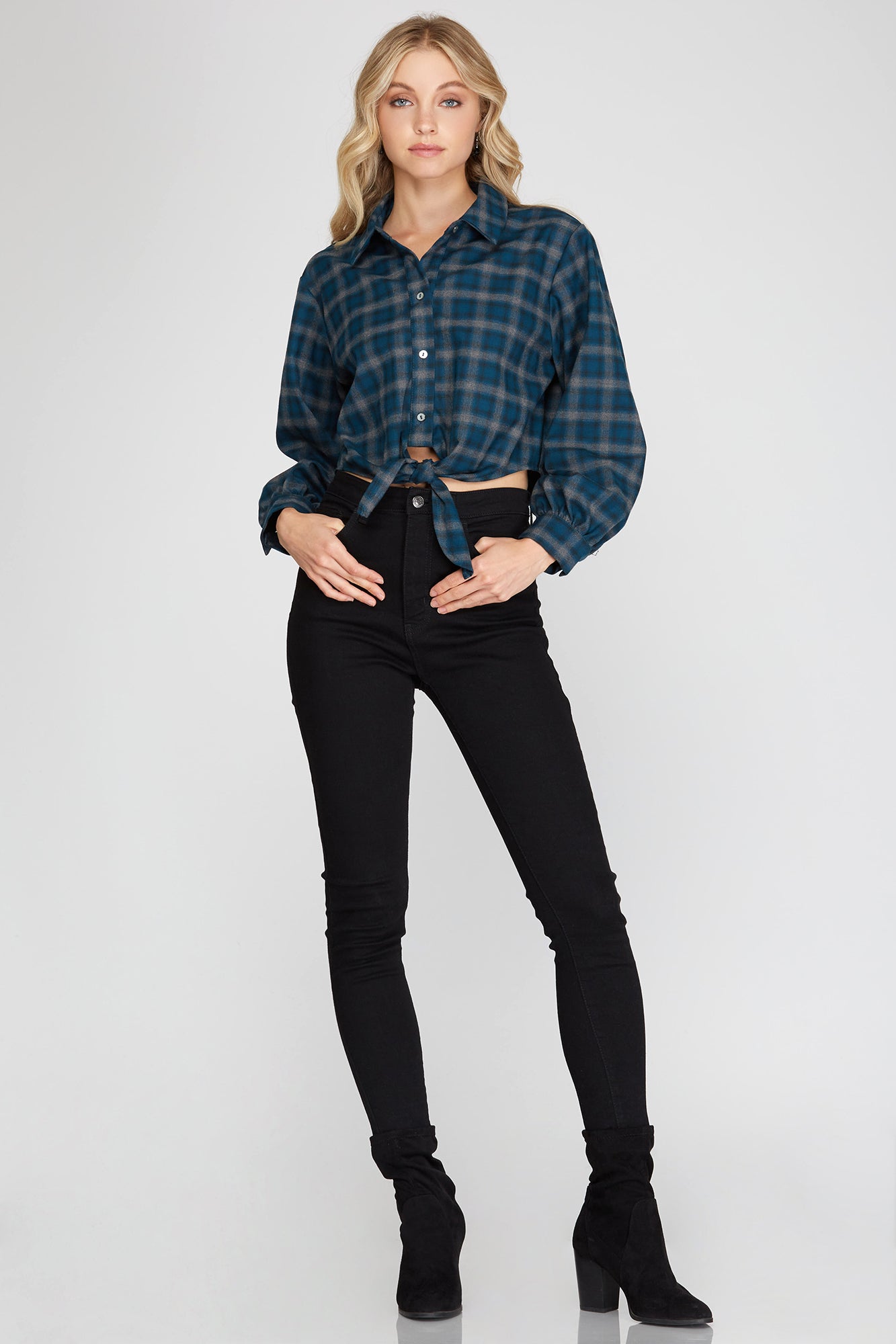 She + Sky Plaid Long Sleeve Woven Slight Crop Shirt with Front Tie Detail