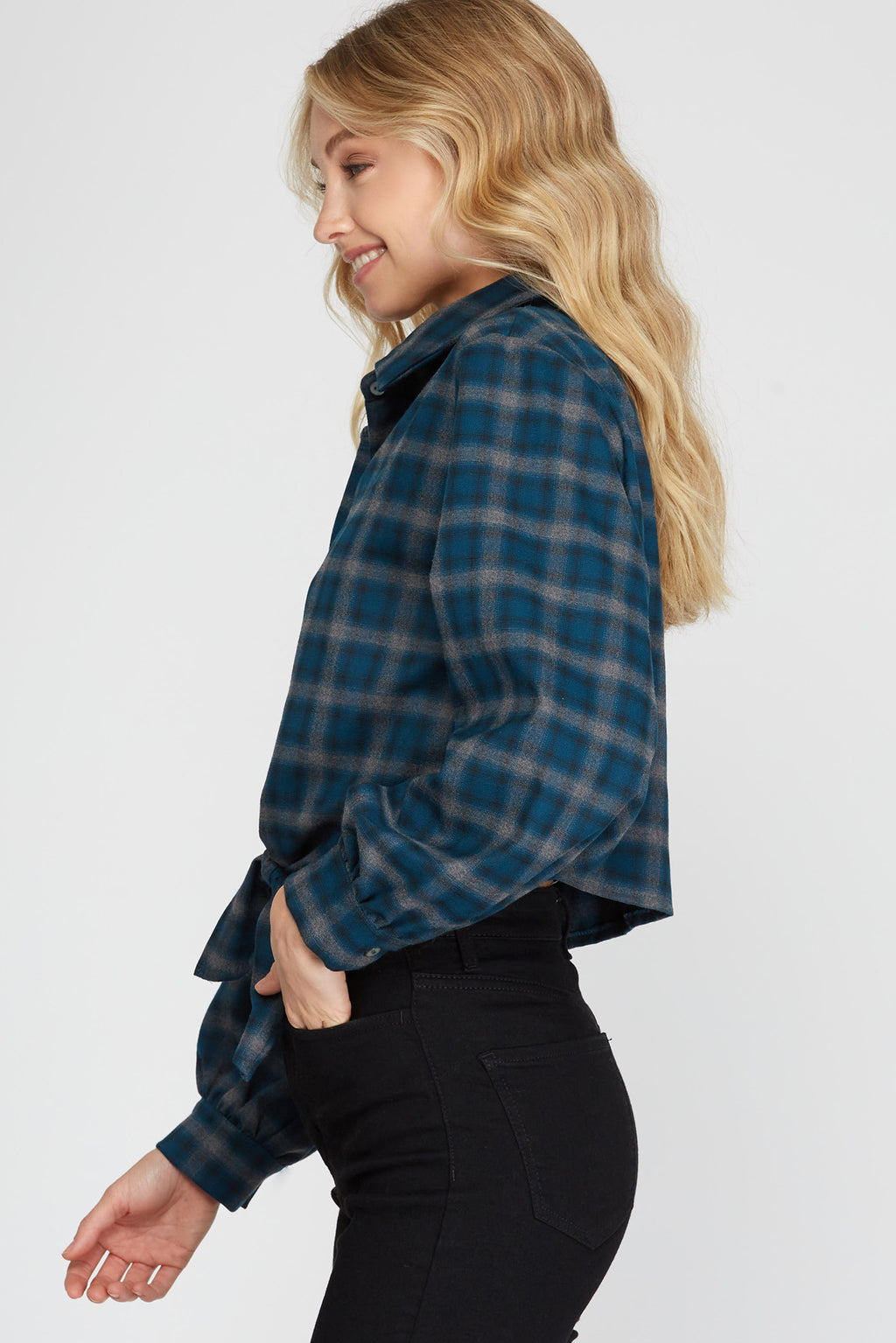 She + Sky Plaid Long Sleeve Woven Slight Crop Shirt with Front Tie Detail