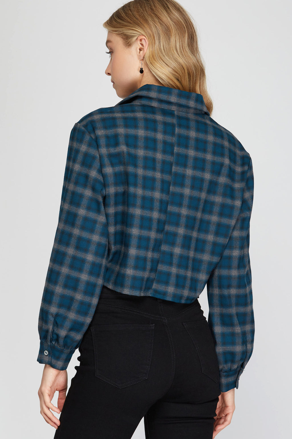 She + Sky Plaid Long Sleeve Woven Slight Crop Shirt with Front Tie Detail