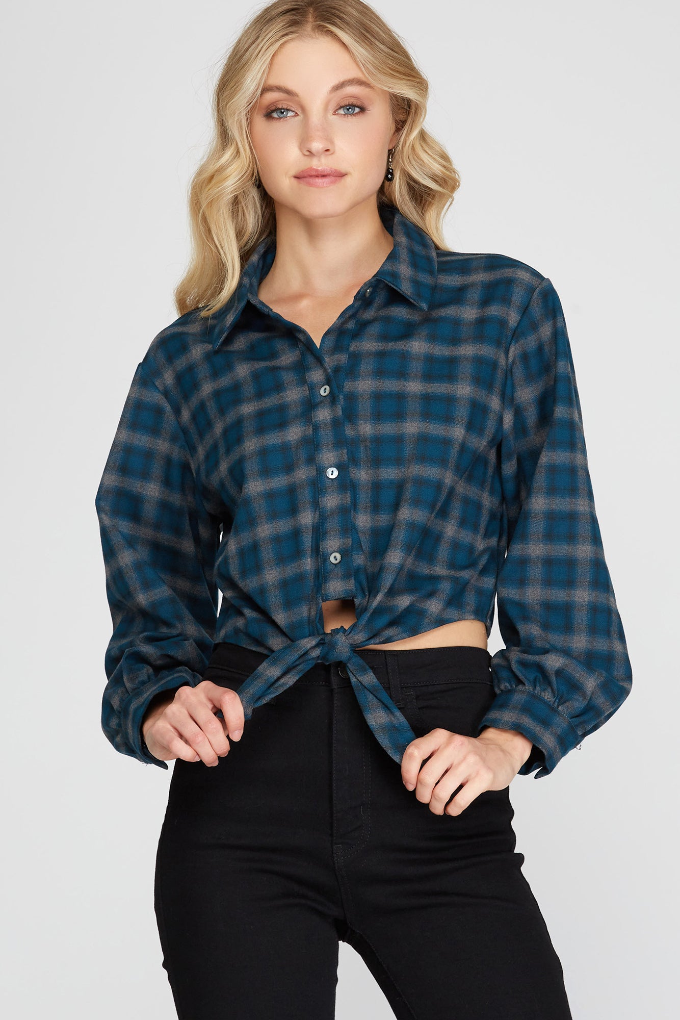 She + Sky Plaid Long Sleeve Woven Slight Crop Shirt with Front Tie Detail