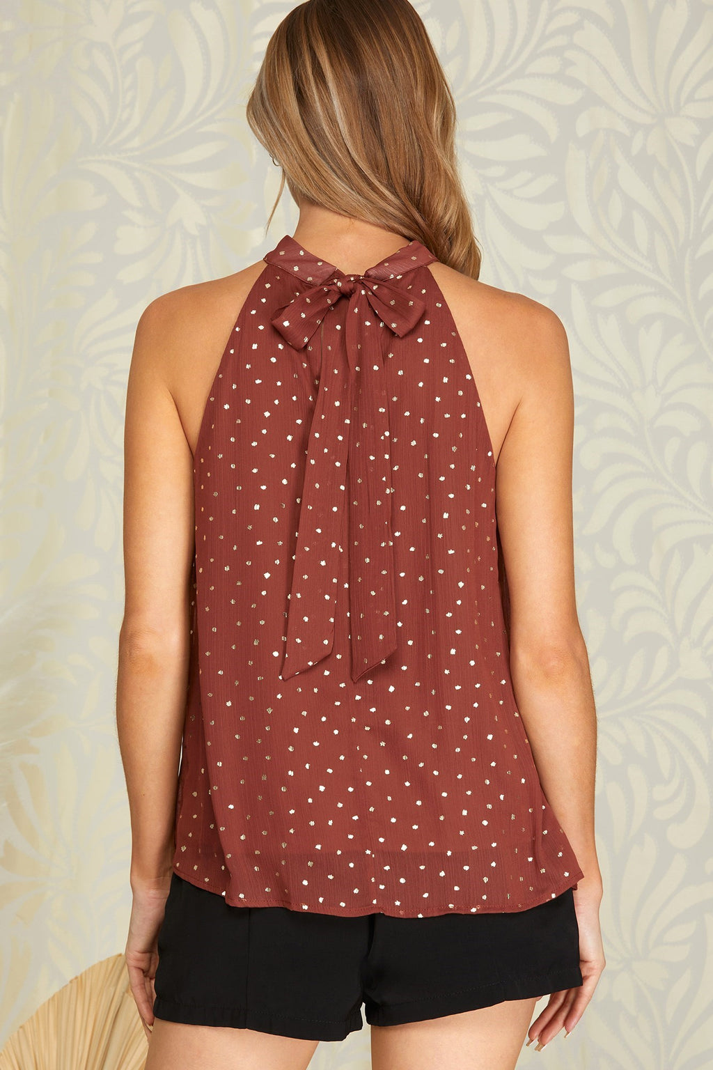 She + Sky Woven Glitter Dot Halter Neck Top