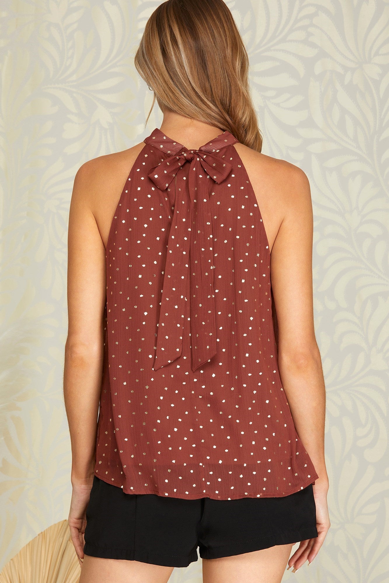 She + Sky Woven Glitter Dot Halter Neck Top