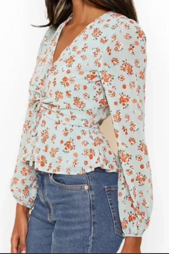 Sugarlips Mint Floral Peplum Ruched Blouse