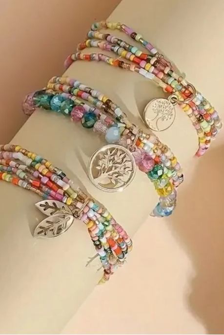 Bohemian Beaded Gold Leaf Charm Bracelet /Anklet 3 Piece Sets