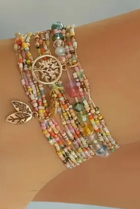 Bohemian Beaded Gold Leaf Charm Bracelet /Anklet 3 Piece Sets