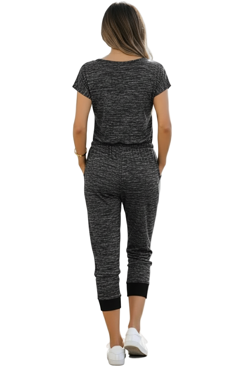 Black Heather Short Sleeve Drawstring High Waist Jumpsuit
