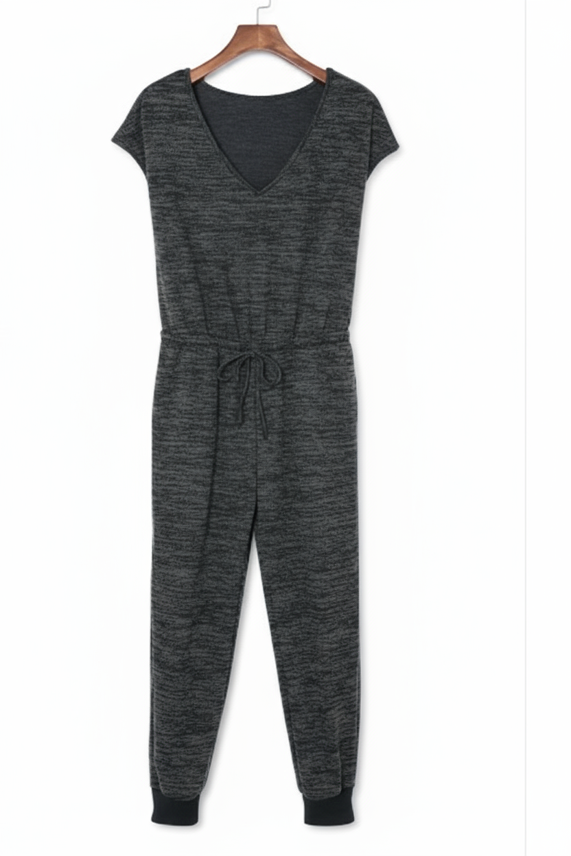 Black Heather Short Sleeve Drawstring High Waist Jumpsuit