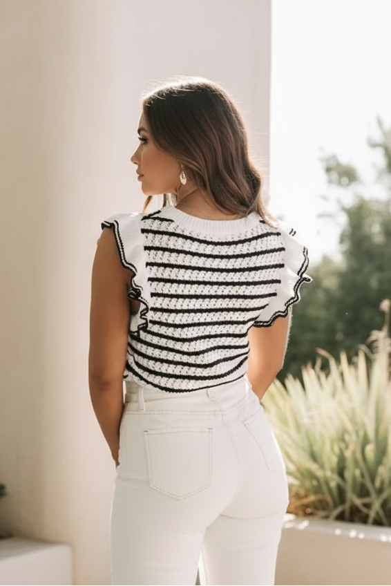 Striped Black and White Knit Ruffle Sleeveless Top