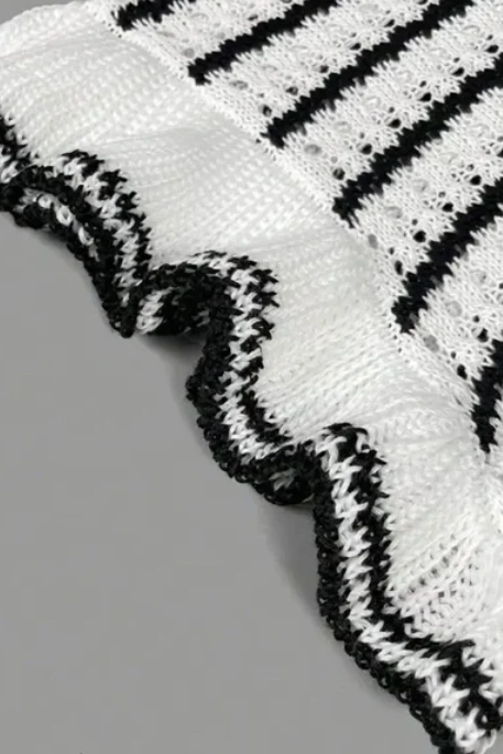 Striped Black and White Knit Ruffle Sleeveless Top