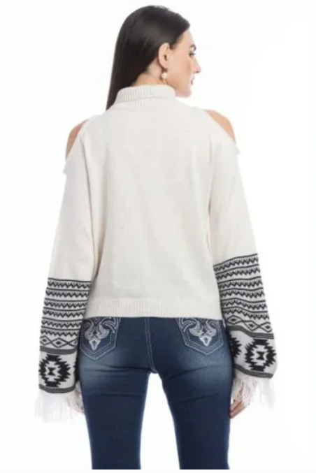 Myra Brinley Prairie Cold Shoulder Fringe Sweater