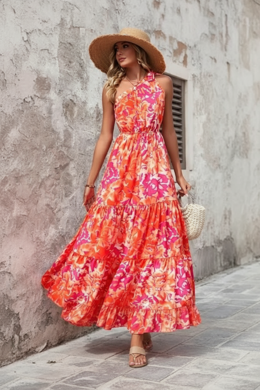 Floral One-Shoulder Pink & Orange Maxi Dress