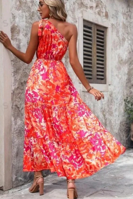 Floral One-Shoulder Pink & Orange Maxi Dress