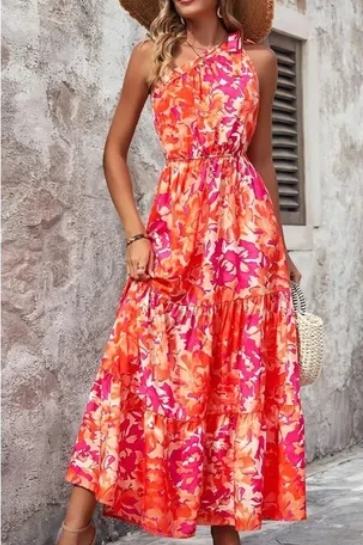 Floral One-Shoulder Pink & Orange Maxi Dress