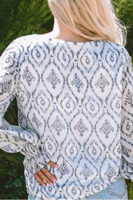 Sky Blue Patterned Boho Shirred Puff Sleeve Blouse