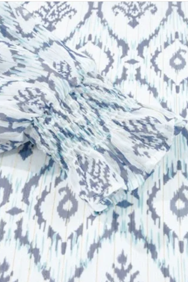 Sky Blue Patterned Boho Shirred Puff Sleeve Blouse