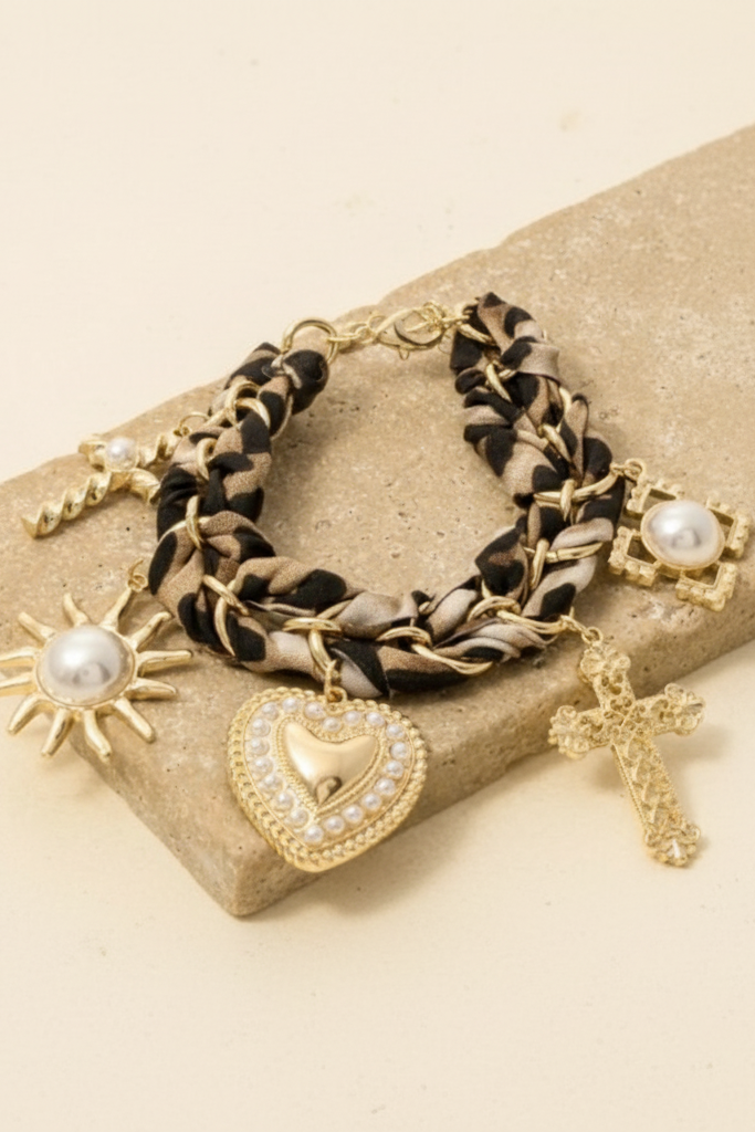Avec Heart Pearl Cross Charm Bandana Braid Bracelet