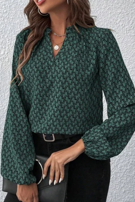 Elegant Green Geometric Notched Neck Long Sleeve Blouse