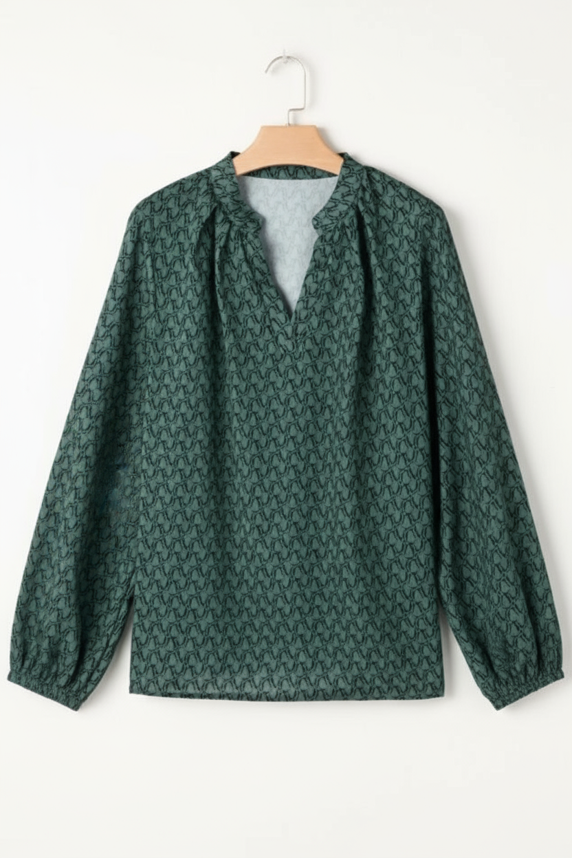 Elegant Green Geometric Notched Neck Long Sleeve Blouse