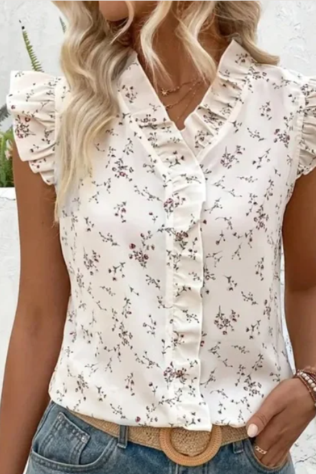 Cream Floral Ruffle Sleeveless V Neck Blouse