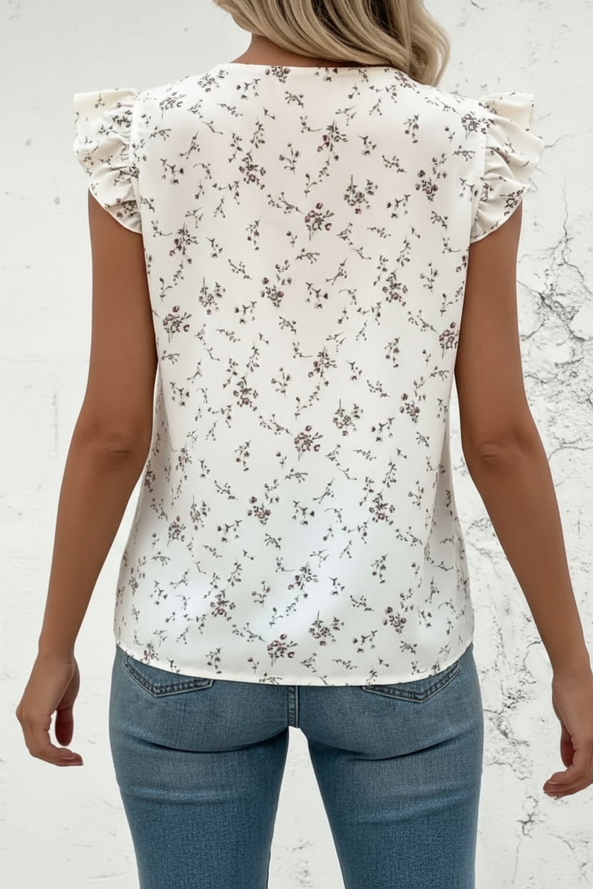 Cream Floral Ruffle Sleeveless V Neck Blouse