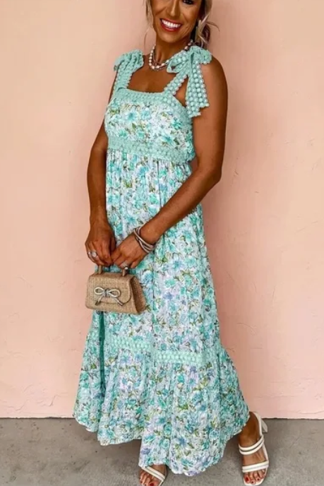 Floral Green Lace Tiered Strap Empire Waist Maxi Dress