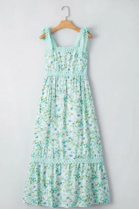 Floral Green Lace Tiered Strap Empire Waist Maxi Dress