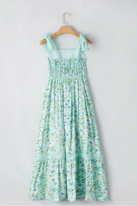 Floral Green Lace Tiered Strap Empire Waist Maxi Dress