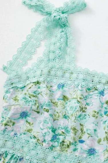 Floral Green Lace Tiered Strap Empire Waist Maxi Dress