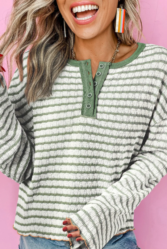 Green Stripe Textured with Trim Henley Long Sleeve Top