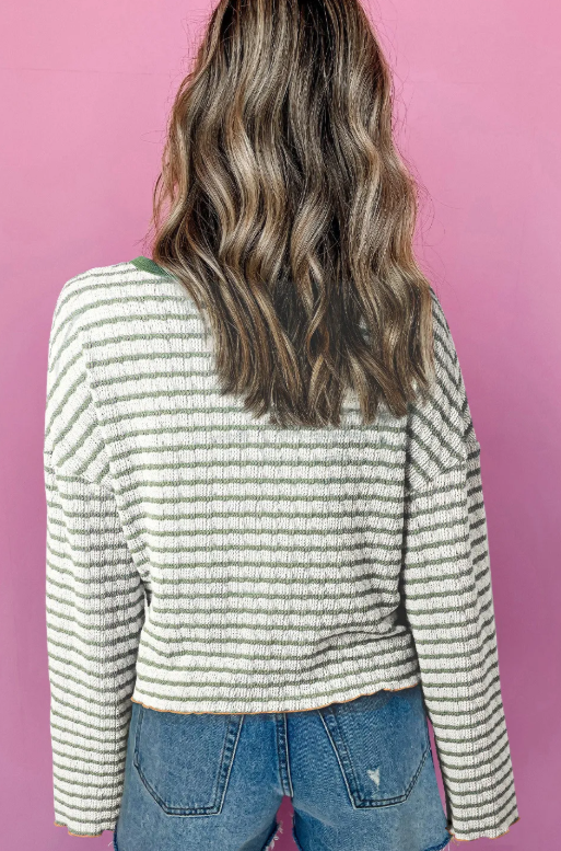 Green Stripe Textured with Trim Henley Long Sleeve Top