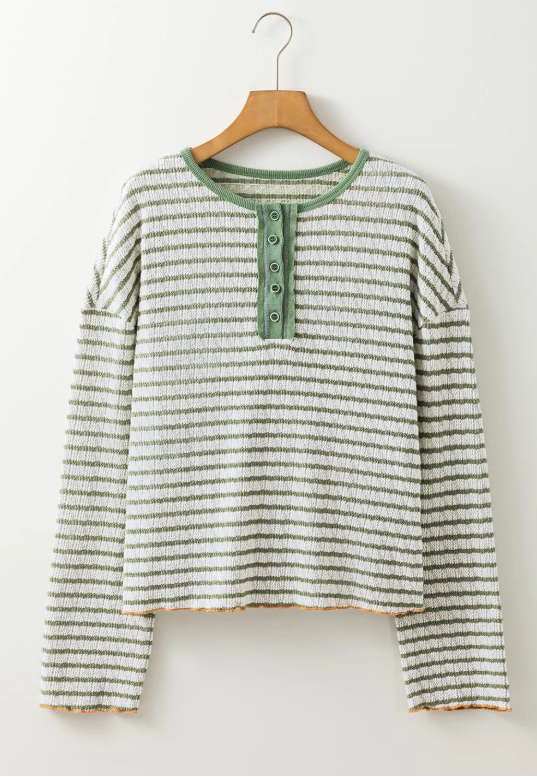 Green Stripe Textured with Trim Henley Long Sleeve Top