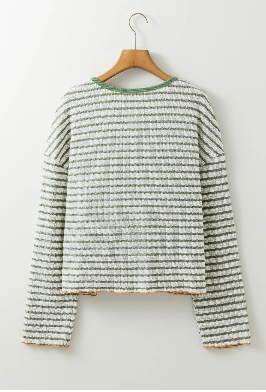 Green Stripe Textured with Trim Henley Long Sleeve Top