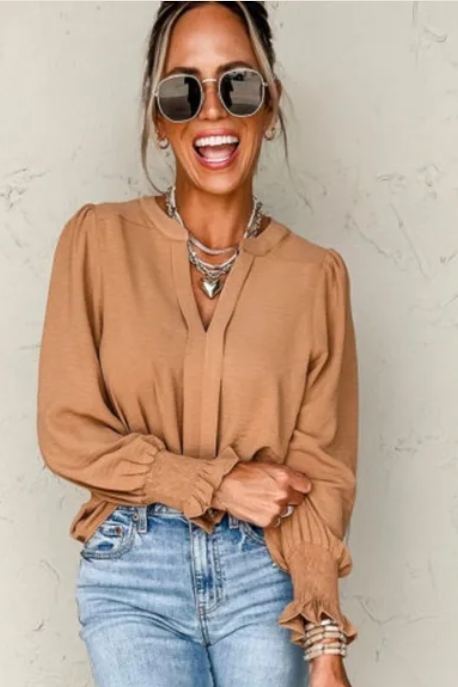 Golden Tan Long Sleeved Shirred Cuff V Neck Blouse