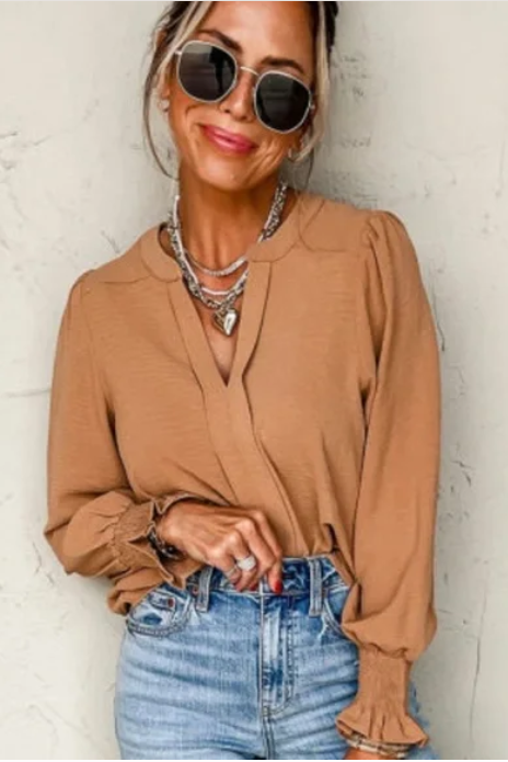 Golden Tan Long Sleeved Shirred Cuff V Neck Blouse