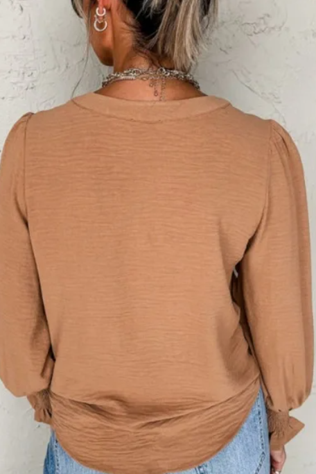 Golden Tan Long Sleeved Shirred Cuff V Neck Blouse