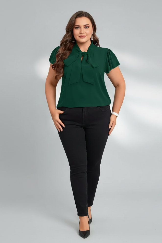 Dark Green Ruffled Short Sleeve with Bow Blouse Plus Size