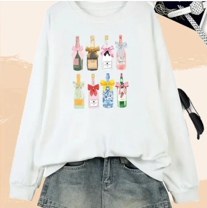Colorful Champagne Bottle Print White Sweatshirt