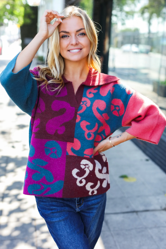 Wine Abstract Floral Color Block V Neck Collard Sweater