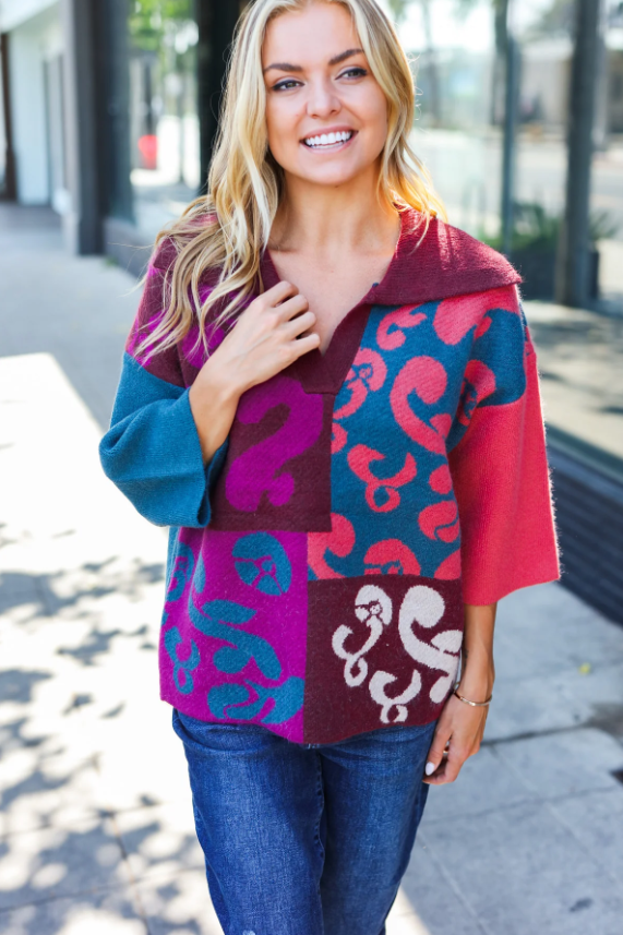 Wine Abstract Floral Color Block V Neck Collard Sweater