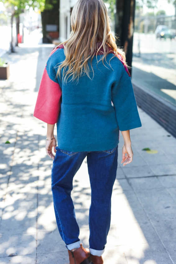 Wine Abstract Floral Color Block V Neck Collard Sweater