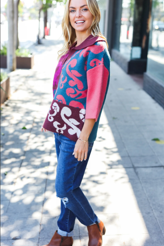Wine Abstract Floral Color Block V Neck Collard Sweater