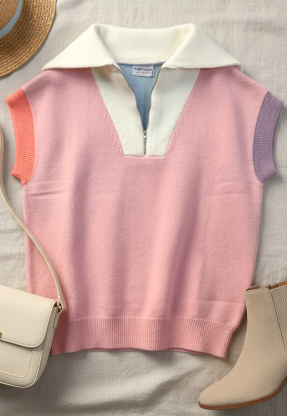 First Love by Lovlyn Pink Multicolor Short Sleeve Pink Quarter Zip Collared Spring Preppy Sweater