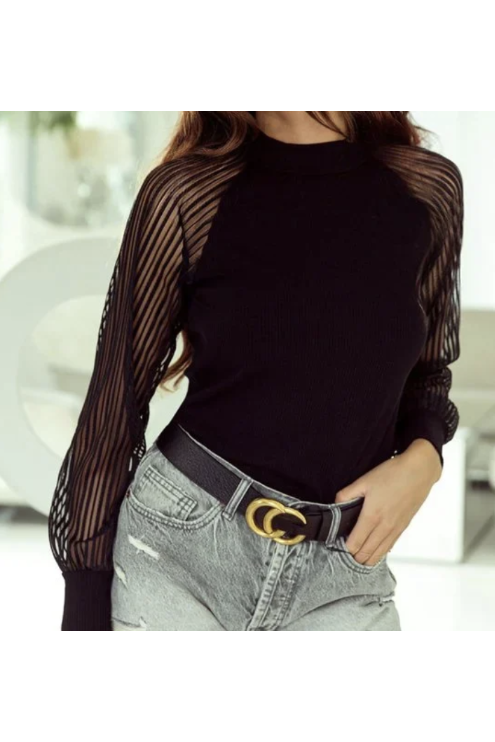 Black Striped Mesh Long Sleeve Crewneck Ribbed Top