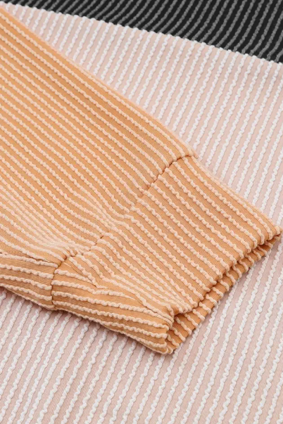 Long Sleeve Black & Beige Color Blocked Crewneck Knitted Top