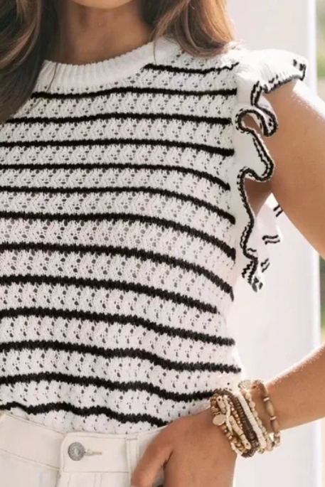 Striped Black and White Knit Ruffle Sleeveless Top