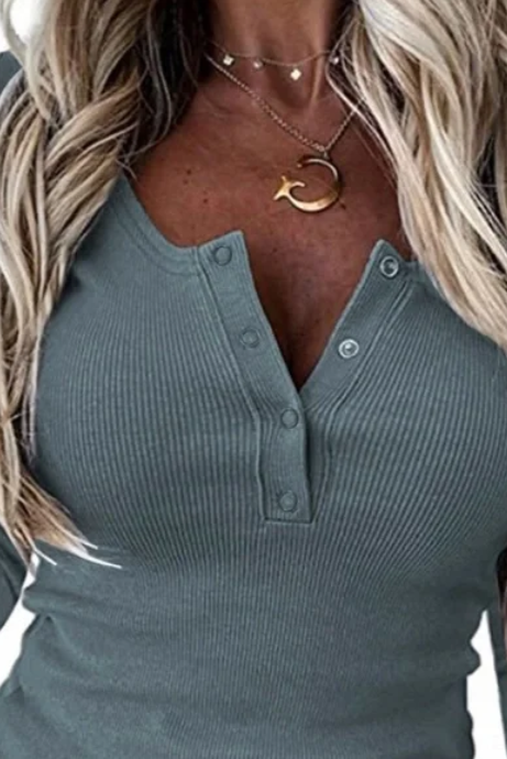 Sky Blue Scoop Neck Button Front Long Sleeve Knitted Top