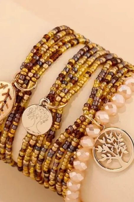 Bohemian Beaded Gold Leaf Charm Bracelet /Anklet 3 Piece Sets