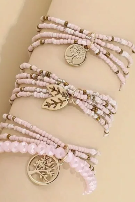 Bohemian Beaded Gold Leaf Charm Bracelet /Anklet 3 Piece Sets