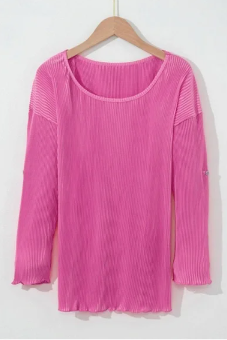 Pink Pleated Roll Tab Sleeve Blouse