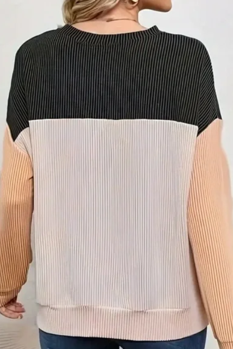 Long Sleeve Black & Beige Color Blocked Crewneck Knitted Top